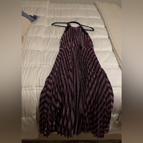 Purple Multi Striped Pleated Halter Midi Dress - Picture 7 of 8